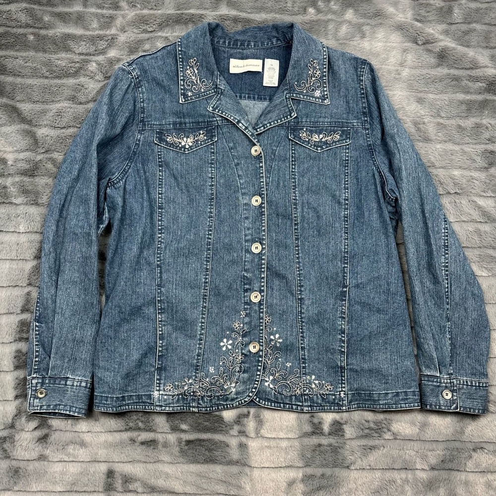 Alfred Dunner Womens Blue Denim Embroidered Rhinestone Button Front Jacket Sz 14